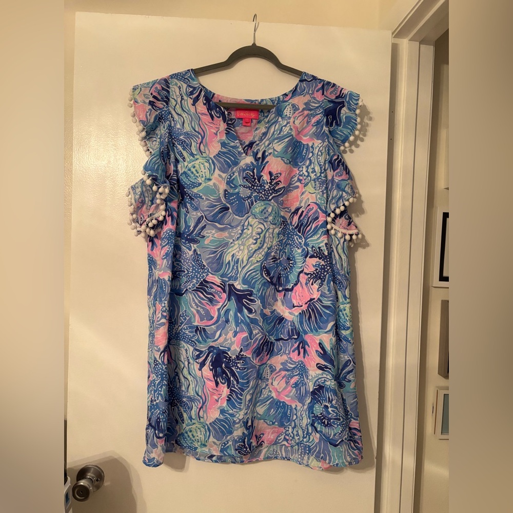 Lilly Pulitzer Dress in Blue and Pink with Pom-Poms EUC